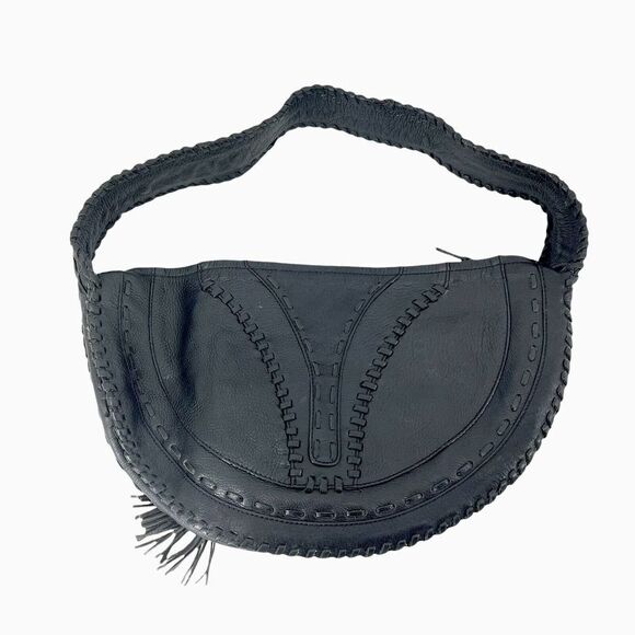 BCBGirls Black Leather Boho Southwestern Hobo Tassel Purse Whipstitch Handbag - Picture 5 of 9